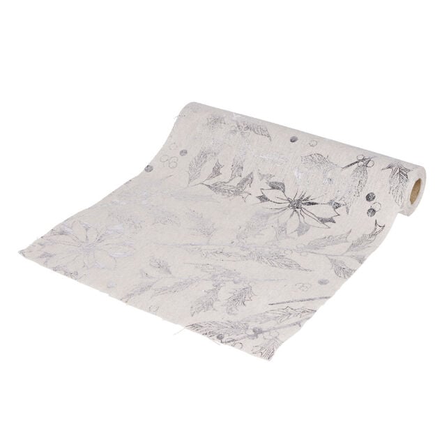 Chemin de table beige motif feuillage argent&eacute; 3m