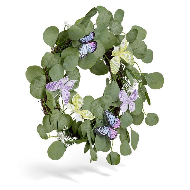 Couronne d&eacute;co printemps eucalyptus artificiel et papillons &Oslash;45cm