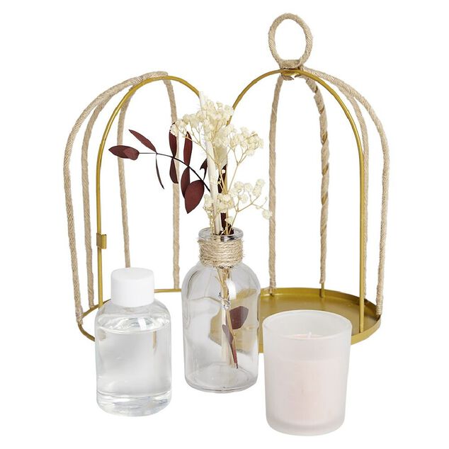 Coffret senteur cage corde fleur séchée rose Ø14xH24cm