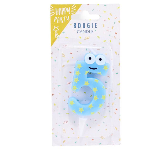 Bougie chiffre 5 cire personnage &eacute;toiles bleu et jaune H8,5cm