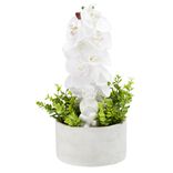 Fleur artificielle orchid&eacute;e dans pot en ciment H40 cm blanc