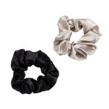 Chouchou scrunchie satiné noir uni et beige uni x2