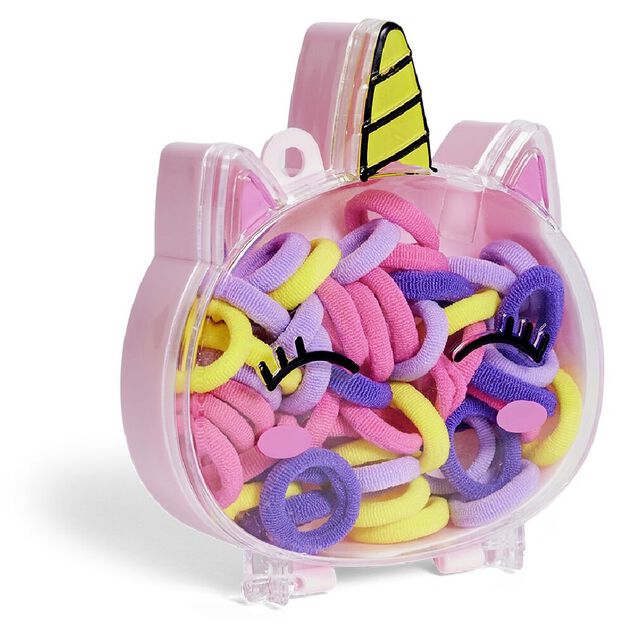 Lot 50 &eacute;lastiques &agrave; cheveux multicolore dans bo&icirc;te design licorne rose