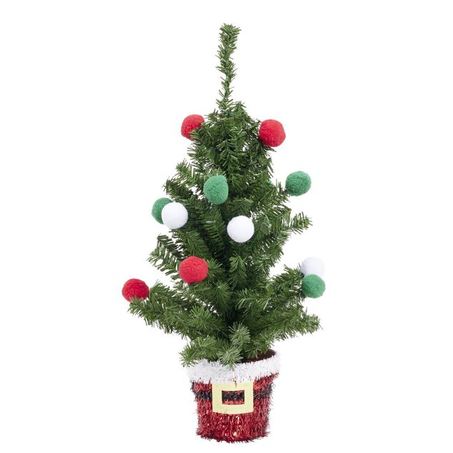 Sapin avec pompons vert rouge blanc et base fa&ccedil;on guirlande P&egrave;re No&euml;l H51cm
