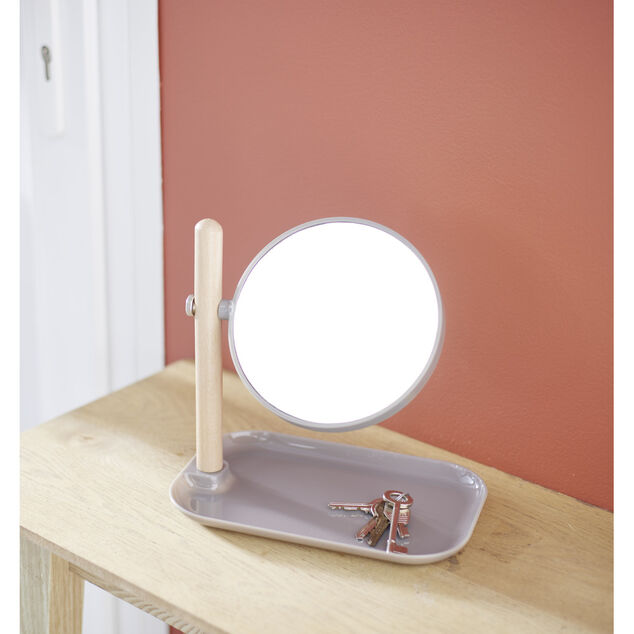 Miroir &agrave; poser rond double face avec plateau de rangement 22x14xH23cm