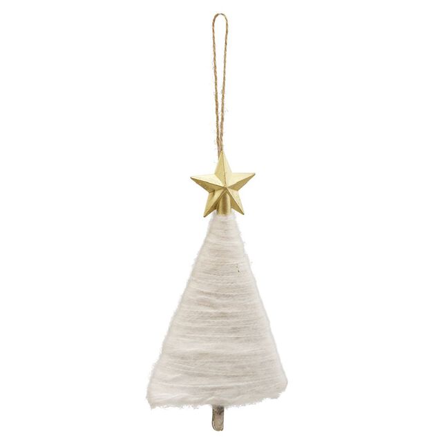 D&eacute;co sapin &agrave; suspendre tissage laine blanc &eacute;toile dor&eacute; H.14 cm