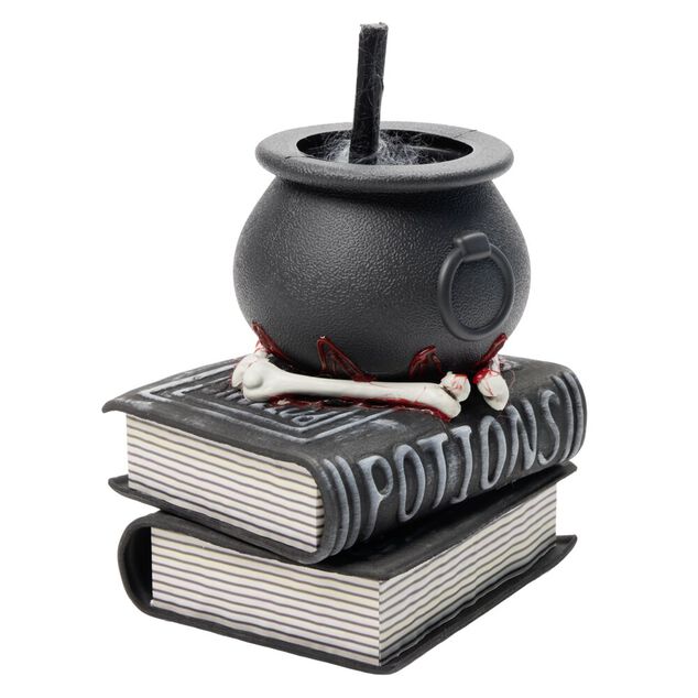 Livre potions chaudron de sorci&egrave;re sonore et anim&eacute; plastique noir 20x17xH28cm