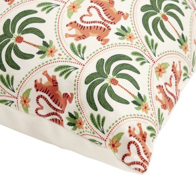 Coussin carr&eacute; style ethnique motifs palmiers et tigres queues forme coeur 40x40cm