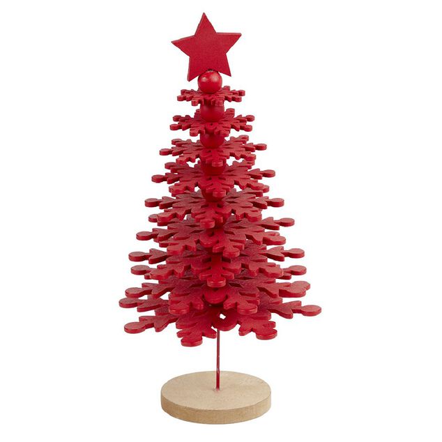 D&eacute;coration No&euml;l sapin &agrave; poser rouge sur socle bois &Oslash;10xH25cm