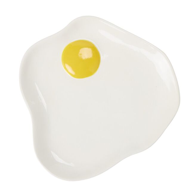 Assiette plate forme oeuf au plat dolomite blanche et jaune 16x17cm