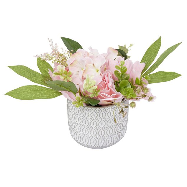 Pivoines roses fleurs artificielles dans pot en ciment H22cm