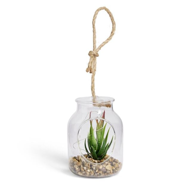 Pot en verre LED avec plante grasse artificielle &Oslash;11,5xH15,5cm