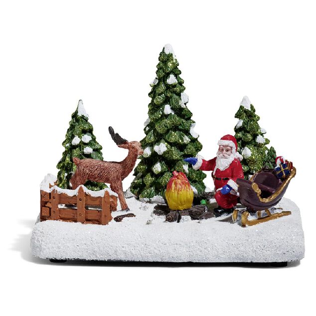 Père Noël et renne lumineux feu de bois sur la neige 4 LED en résine