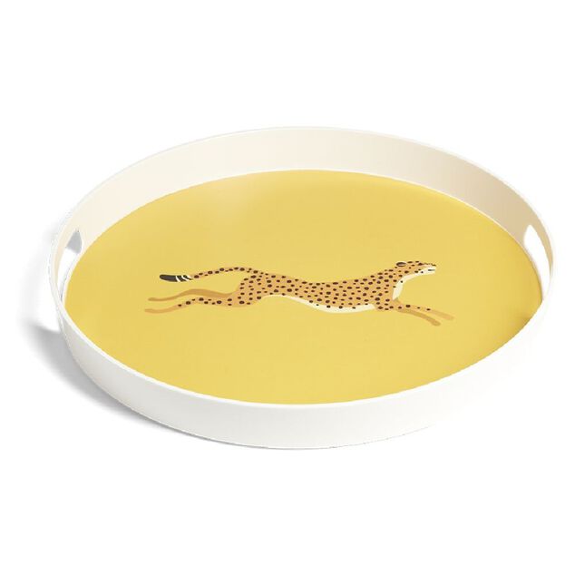 Plateau rond l&eacute;opard m&eacute;lamin&eacute; jaune &Oslash;34,5xH4,1cm