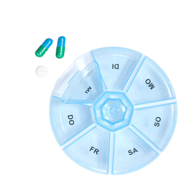 Pilulier 1 semaine 7 compartiments rond plastique bleu &Oslash;8,5cm