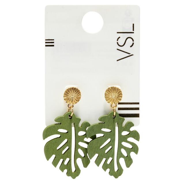 Boucles d'oreilles en bois en forme de feuille verte