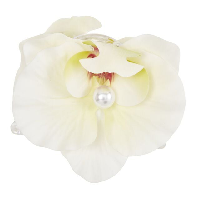 Pince cheveux plastique perle nacr&eacute;e fleur orchid&eacute;e jaune L12cm