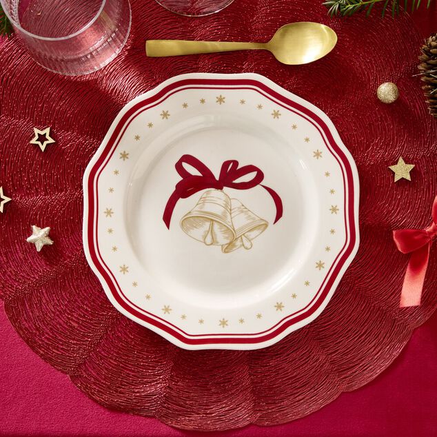 Assiette dessert imprim&eacute; boule de No&euml;l contour vague rouge fa&iuml;ence &Oslash;20 cm