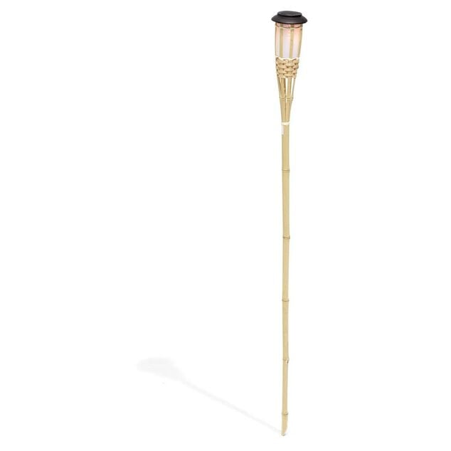 Torche solaire effet flamme 12 LED blanc chaud bambou H120cm