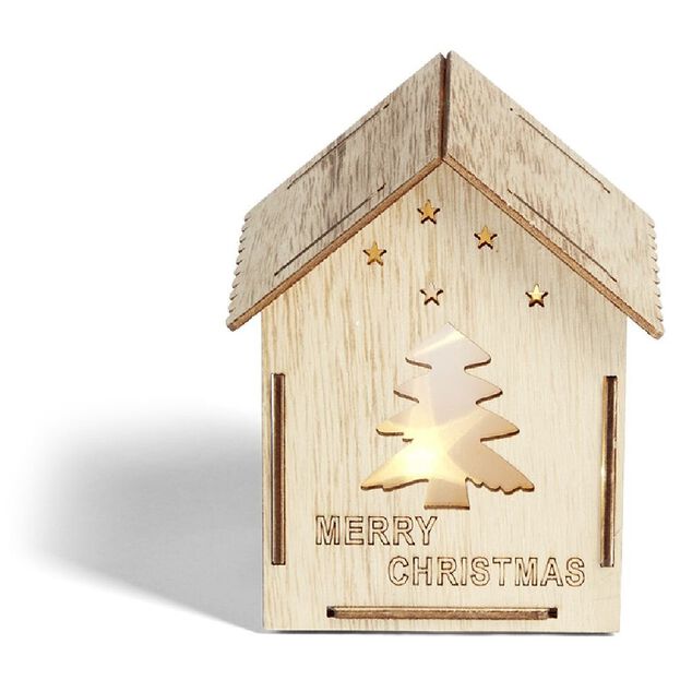 Maison lumineuse No&euml;l en bois motif sapin 5LED blanc chaud H10,5cm