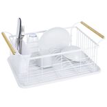 Égouttoir à vaisselle en métal blanc avec poignée en bambou