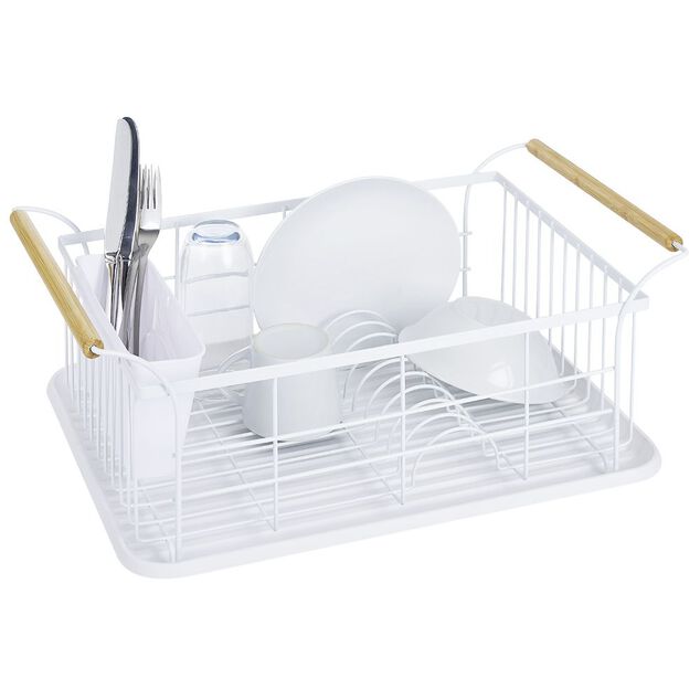 Égouttoir à vaisselle en métal blanc avec poignée en bambou