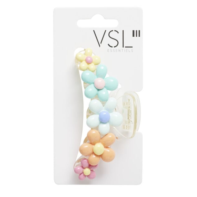 Pince &agrave; cheveux plastique avec fleurs multicolores 10x4,5xH4,5cm