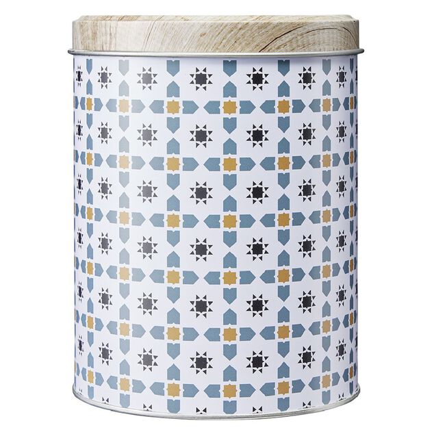 Bo&icirc;te ronde en m&eacute;tal d&eacute;cor carreau de ciment avec couvercle effet bois