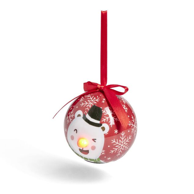 Boule de No&euml;l &agrave; suspendre avec nez rouge LED &Oslash;8cm (4 mod&egrave;les)