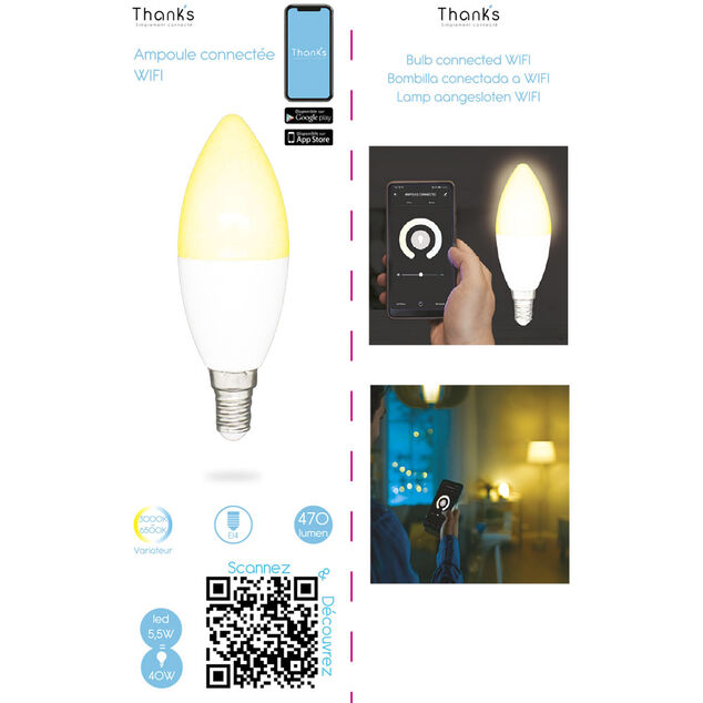 Ampoule ovale LED connect&eacute;e E14 40 W