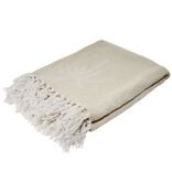 Jet&eacute; de canap&eacute; &agrave; franges polycoton motif palmier beige 125x150cm