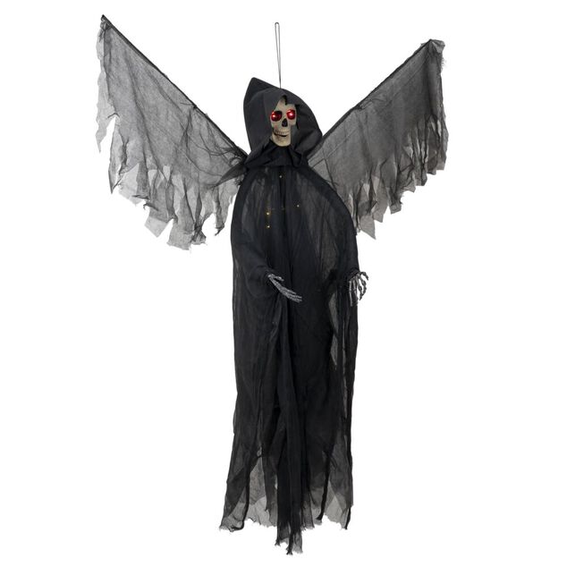 Squelette volant &agrave; suspendre lumineux noir yeux rouges 120xH170cm