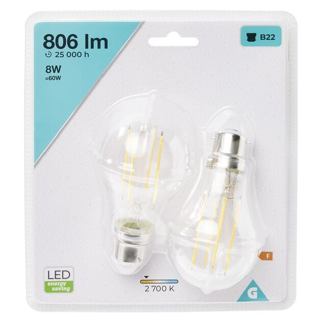Ampoule LED filament B22 A60 Homday lumi&egrave;re chaude 806lms x2