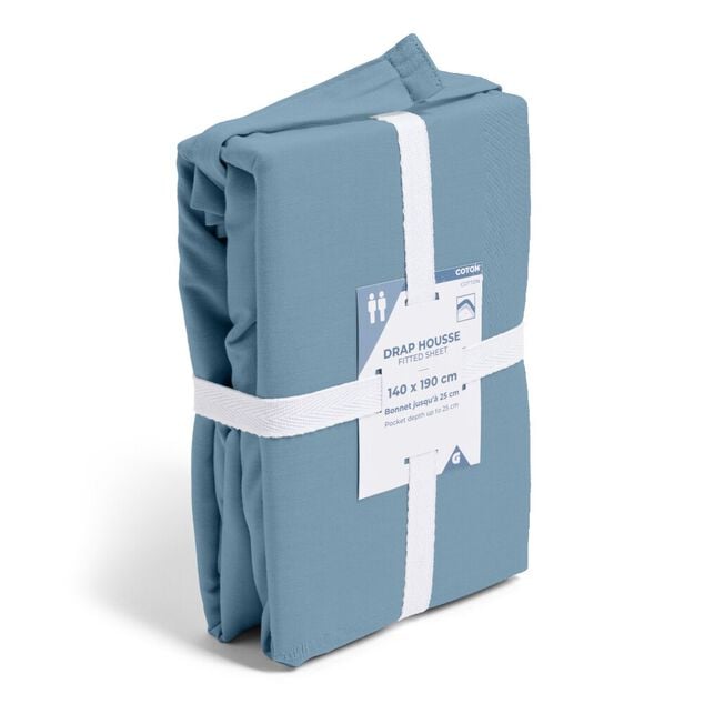 Drap housse 140x190cm 100% coton bleu chin&eacute;