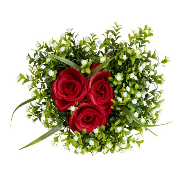 Composition fleur artificielle rose rouge pot ciment forme coeur