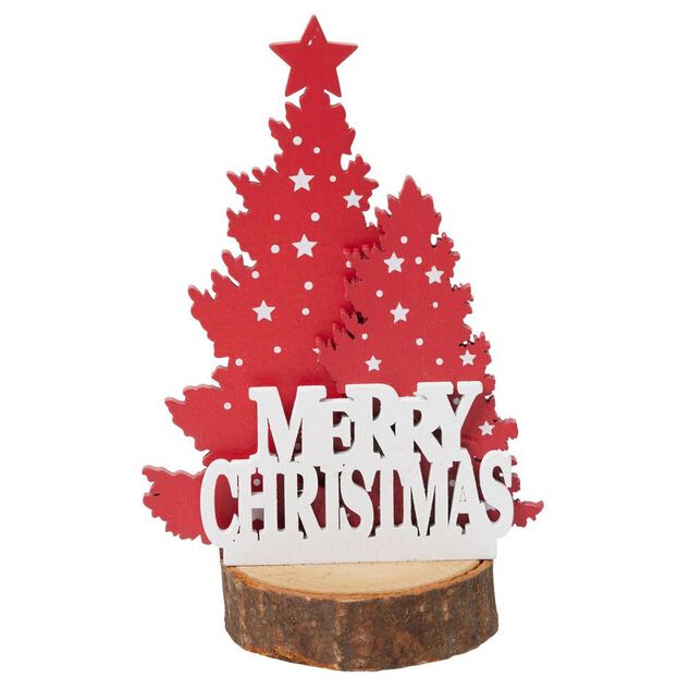 D&eacute;coration sapin de No&euml;l sur rondin de bois Merry Christmas &Oslash;6,2xH7,4cm