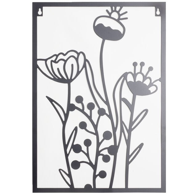 Panneau d&eacute;coratif mural en m&eacute;tal noir motif floral 28xH40cm