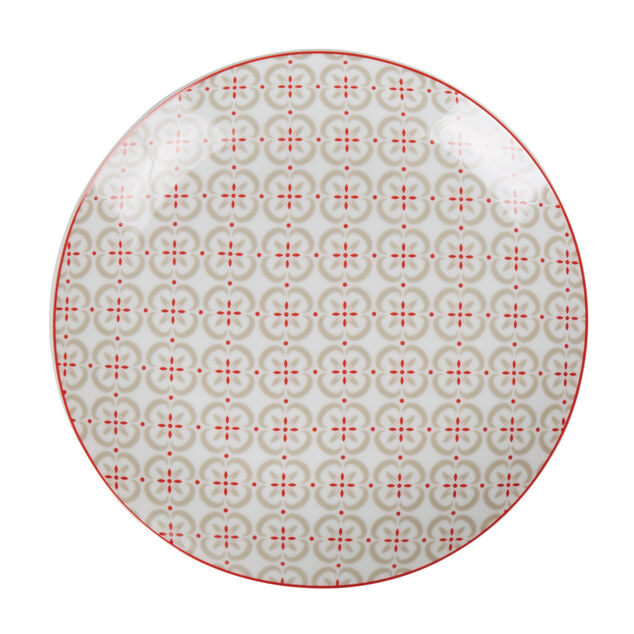 Assiette &agrave; dessert ronde motif carreau de ciment rouge gris &Oslash;19cm