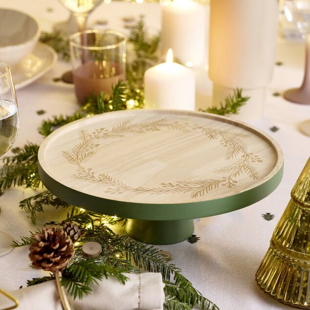 Plateau de pr&eacute;sentation en bois grav&eacute; couronne de No&euml;l &Oslash;28XH10 cm vert et naturel