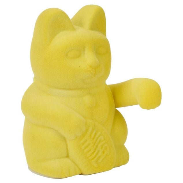 Chat porte-bonheur velours jaune 11xH15x9cm