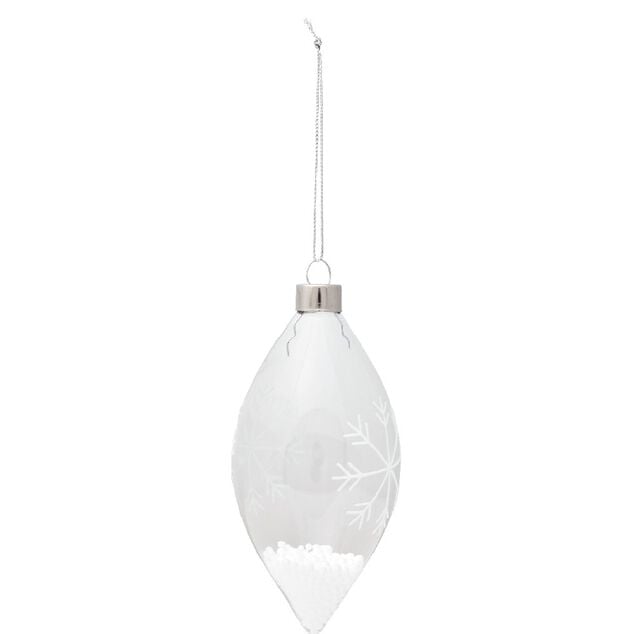 Boule de No&euml;l en verre transparent forme goutte motif flocon blanc