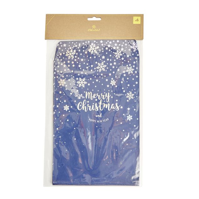 Pochette cadeau No&euml;l x6 Merry Christmas and Happy New Year bleu &eacute;toil&eacute; 20x28cm