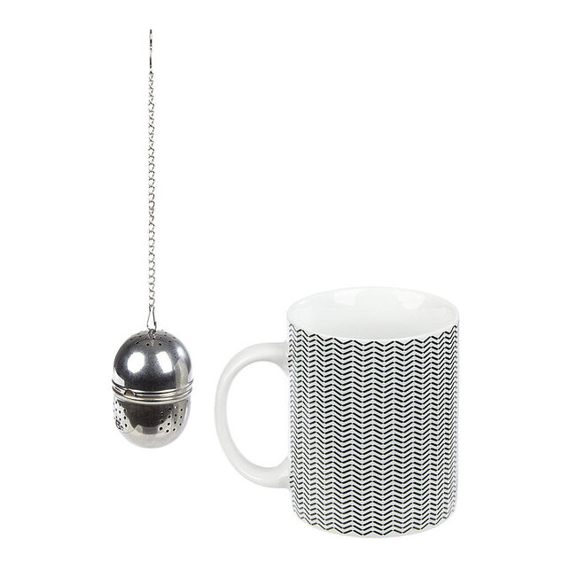 Mug porcelaine avec boule à thé inox noir blanc 35 cl