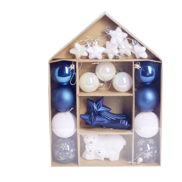 Kit d&eacute;coration sapin de No&euml;l bor&eacute;al bleu et blanc 20 pi&egrave;ces