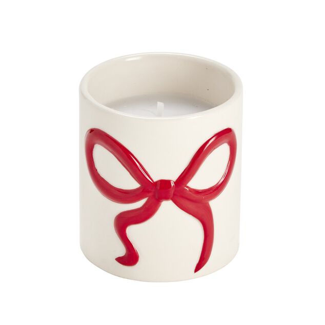 Bougie dans pot c&eacute;ramique blanc motif noeud rouge &Oslash;8xH9cm (2 mod&egrave;les)