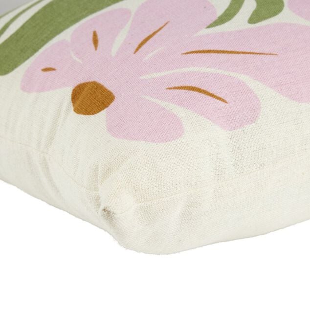 Coussin d&eacute;co rectangulaire blanc motif floral rose et vert 30x50cm