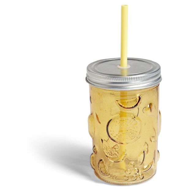 Gobelet 500ml en verre couvercle m&eacute;tal avec paille - 3 coloris