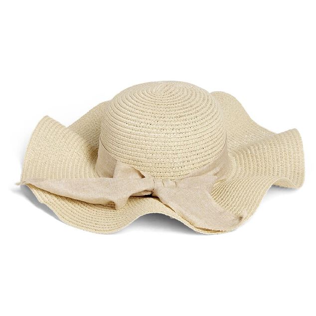 Capeline ondul&eacute;e beige ruban floral papier &Oslash;40cm