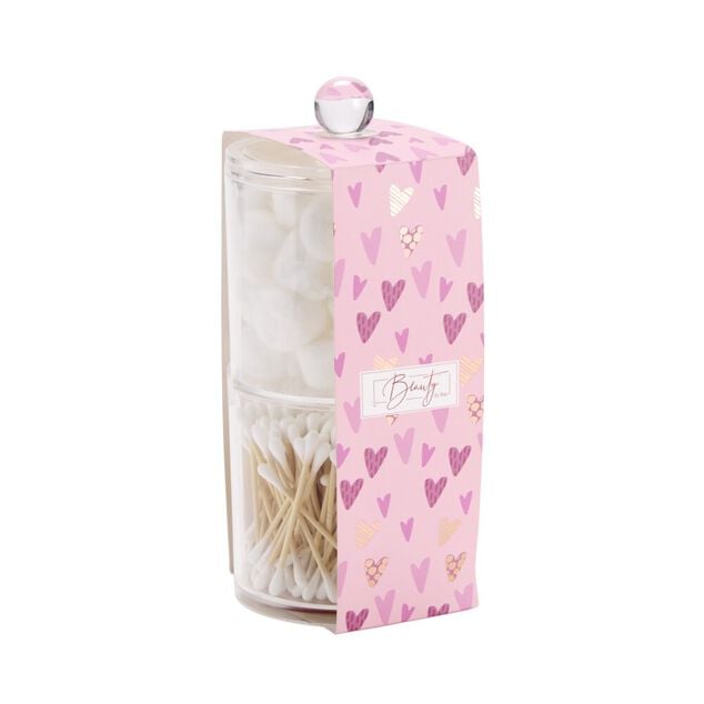 Rangement cosm&eacute;tique plastique transparent avec coton et coton tige bambou &Oslash;10xH19cm