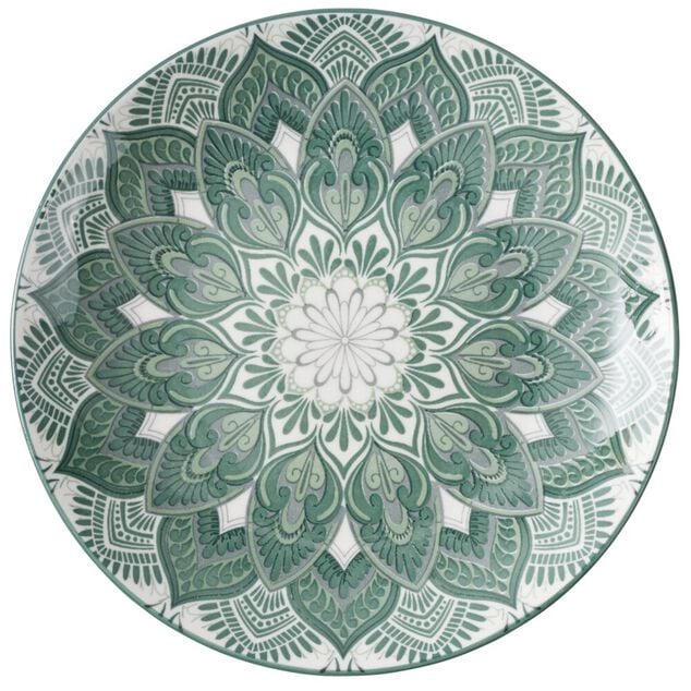 Service &agrave; vaisselle 12 pi&egrave;ces c&eacute;ramique opale motif mandala vert et blanc